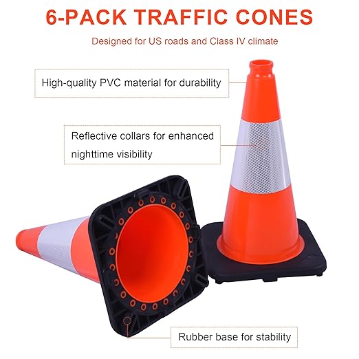 OrangeStar 18" Traffic Cones 6-Pack with Weighted Rubber Base, 6" Reflective Collar, Orange Safety Cones for Parking Lot, Road Construction, Warehouse, Highway, Weatherproof PVC-StrideForce Fitness