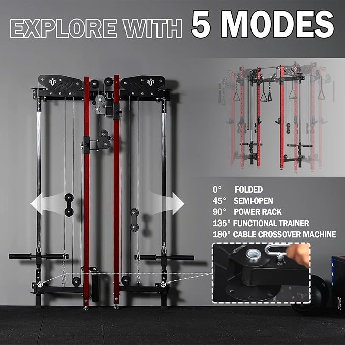 Mikolo Folding Squat Rack, Wall Mounted Power Rack with Cable Crossover Machine & LAT Pull Down, Functional Trainer with 5 Adjustable Function Modes, for Home Gym and Space Saving-StrideForce Fitness