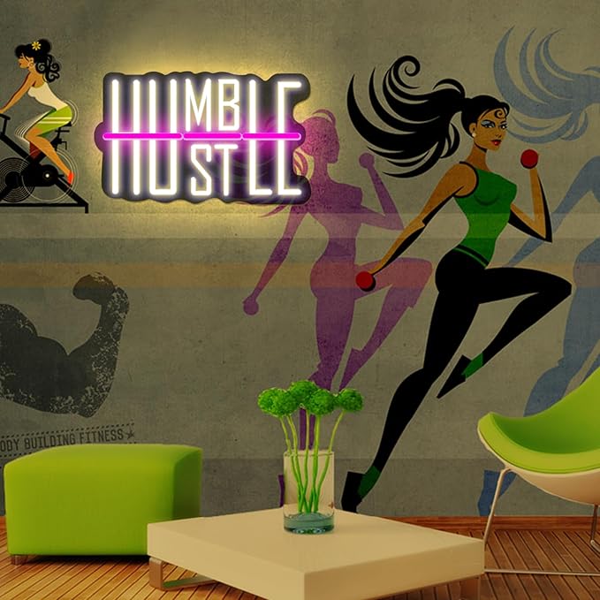 HUSTLE Neon Signs for Wall Decor USB Powered With Dimmable LED Neon Lights for Bedroom Man Cave Dorm Gym Room Office Room Humble Led Neon Light Sign for Party Decorations 5v (16.14 "X9.84")-StrideForce Fitness