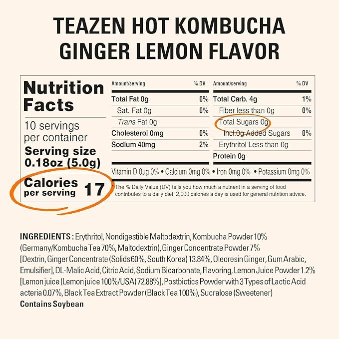 TEAZEN Lemon Ginger Hot Kombucha Tea, Spice Tea, Live Probiotics & Postbiotics, Relaxation and Warmth for Colds and Sore Throat, Hydration Drink Mix, Sugar Free, 10 Sticks, 1.76oz-StrideForce Fitness