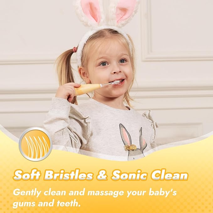 Papablic Toddler Sonic Electric Toothbrush Kids for Ages 1-3 Years, Baby Electric Toothbrush with Cute Rabbit Cover and Smart LED Timer, 2 Brush Heads (Bunny)