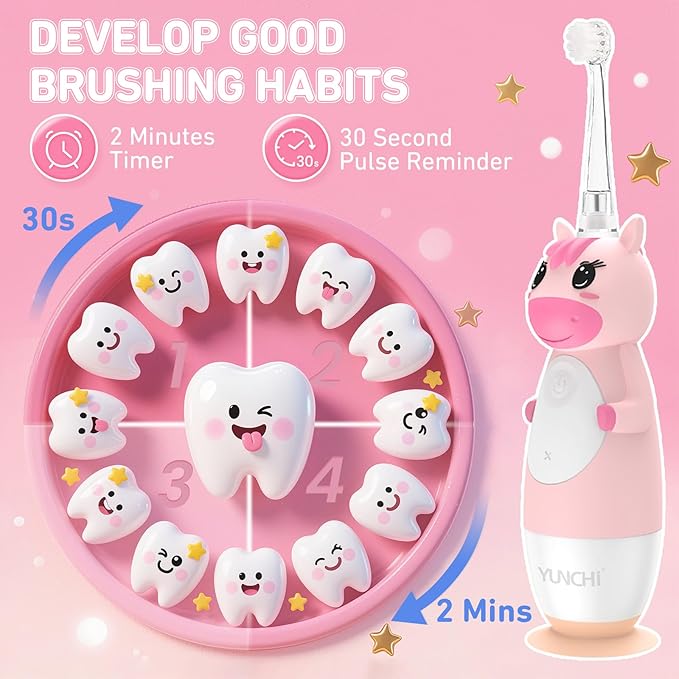 YUNCHI Toddler Electric Toothbrush Kids 0-3-6 Years, Baby Electric Toothbrush with Colorful LED Light, Battery Powered Toddler Toothbrush with 2 Minutes Timer 4 Brush Heads, Infant Toothbrush (Pink)