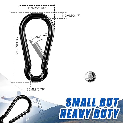 KINLINK 1 Pack Black Carabiner Clip, 5.5 inch Heavy Duty Spring Snap Hook, Large Caribeener Clips for Camping, Swing Set, Hammock, Hiking, Travel, Weight Lifting Machine, Home Gym Equipment-StrideForce Fitness