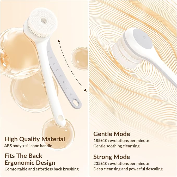 Electric Body Brush Back Scrubber for Shower, Waterproof Long Dual Handle Power Body Scrubber with 3 Heads, Rechargeable Bath Brush & 2 Speeds, for Cleansing, Exfoliating and Massaging Skin-StrideForce Fitness