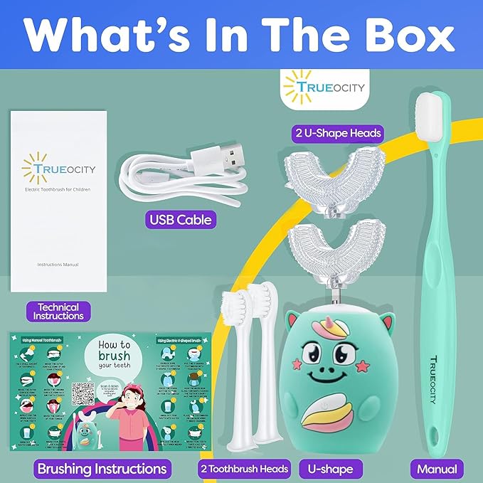 Trueocity Kids U Shape Toothbrush Auto Electric Toddler Rechargeable Kids Automatic Toothbrush | 360° U-Shaped Silicone Brush Head | Gentle Cleaning for Ages 2–7 2–7 | Unicorn Design (Turquoise)