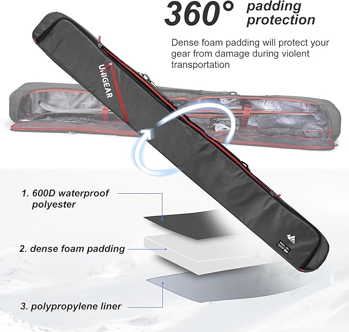 Unigear Ski Bag for Air Travel, 360° Fully Padded Protection, Water-Resistant and Durable up to 192cm for Snow Air Travel Transport-StrideForce Fitness