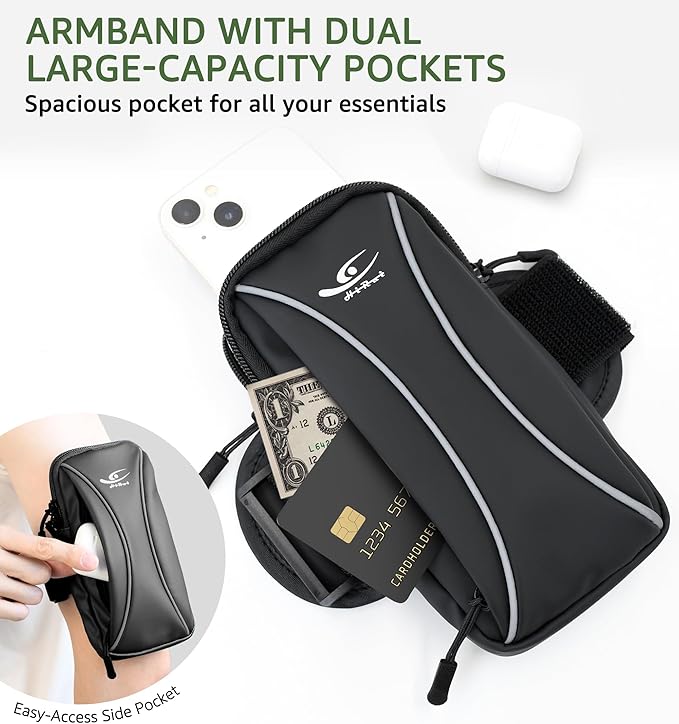 HiRui Arm Bag & Wrist Bag Phone Holder, Sports Running Armband for Gym, Cycling & Workout, Compatible with iPhone 16/15/14 Series, Samsung Galaxy & More, Reflective, Adjustable, Secure Fit (Black)-StrideForce Fitness