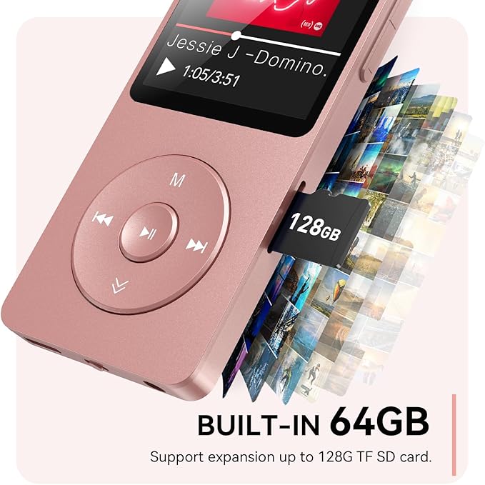 AGPTEK A02 MP3 Player with Bluetooth 5.3, 1.8 inch Screen Portable Music Player with Speaker, FM Radio, Voice Recorder, Supports Expanded Up to 128GB(Rose Gold, 64GB)-StrideForce Fitness
