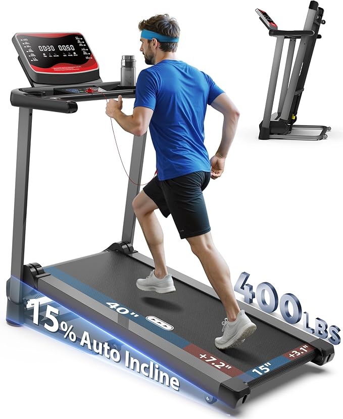 CIIHI Treadmill with Auto Incline - 400 LBS Capacity 15% Auto Incline Treadmill for Home - 0.5-12 MPH Foldable Running Machine with 47.2”x18.1” Belt, APP, Speaker, Speed & Incline Quick Button-StrideForce Fitness
