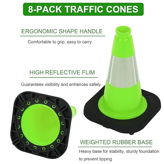 OrangeStar 8 Pack 12" Green Traffic Safety Cones, PVC Parking Construction Cones w/Reflective Collar, Heavy Duty Base for Driving Practice, Parking Lots and Roadwork-StrideForce Fitness