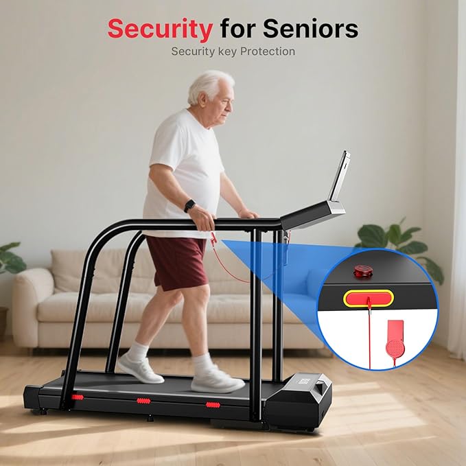 Yesoul Walking Treadmill for Seniors with Long Handrails – 4 Major Safety Protections, Emergency Stop Button, Treadmill for Home 300 lbs Capacity, Recovery Walking Machine with LED Display-StrideForce Fitness