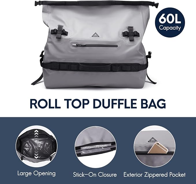 Haimont Large Waterproof Duffel Backpack Roll-Top Heavy Duty Dry Duffle Bag for Boating, Travel, Motorcycle, Kayaking, Camping, 60L-StrideForce Fitness