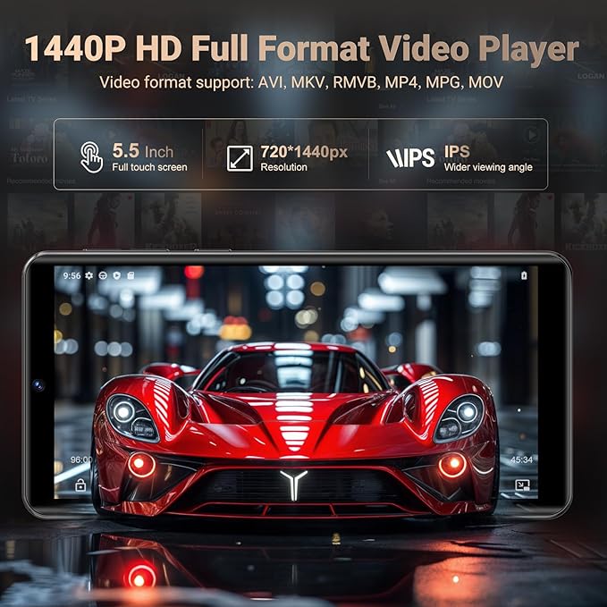 128GB MP3 Player with Bluetooth and WiFi, Android 13.0, 5.5" HD Touchscreen, 13MP Camera, Preloaded Spotify, Pandora, 1TB Expandable & Parental Controls Black-StrideForce Fitness