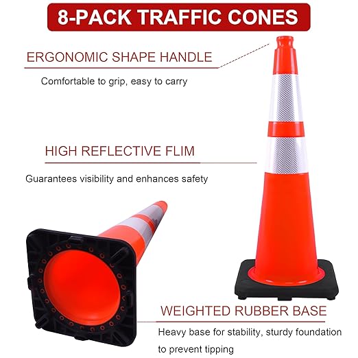 OrangeStar 28 Inch Orange Traffic Cones 8-Pack, Heavy Duty PVC Safety Cones with 2 Reflective Collars, Weighted Base for Highway, Roadwork, Construction, Warehouse Safety, Parking Lots-StrideForce Fitness