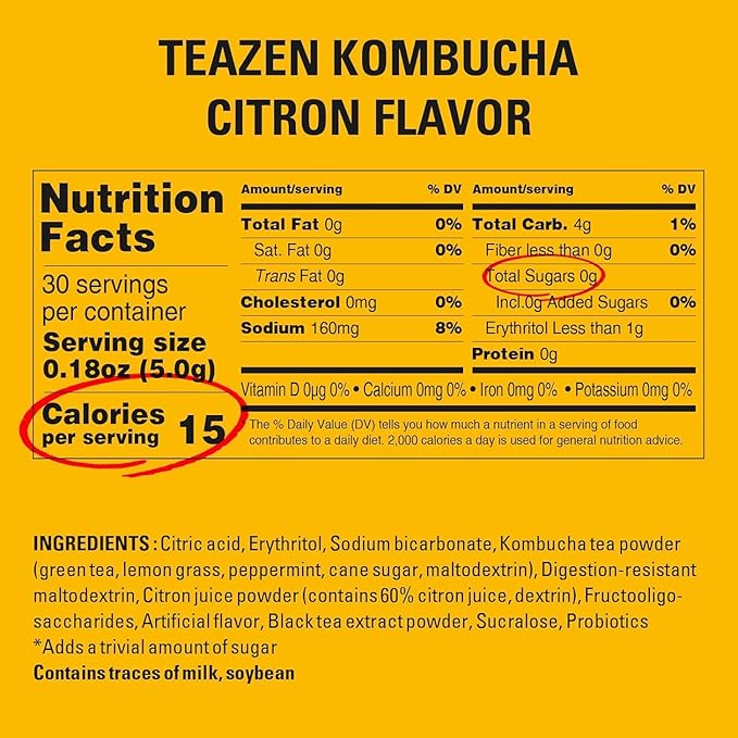 TEAZEN Citron Kombucha Tea, Hydration Drink Mix, Sugar Free, Live Probiotics & Prebiotics, 30 Sticks, 5.29oz-StrideForce Fitness