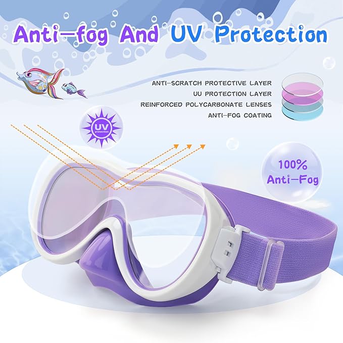 Kids Swim Goggles 180° Snorkel Diving Mask with Nose Cover, Anti-Fog Kids Swimming Goggles with Elastic Fabric Strap for Kids Boys Girls-StrideForce Fitness