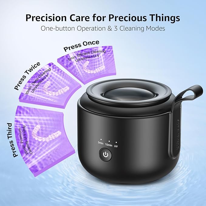 Ultrasonic Retainer Cleaner Machine: 48kHz Rechargeable Cordless Denture Cleaner - Waterproof Ultrasonic Jewelry Cleaner - 200ML Dental Cleaning Pod for Mouth Guard, Aligner