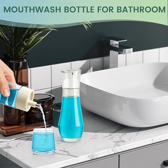 Tokusatsu Mouthwash Dispenser for Bathroom, 8.8 oz Clear Glass Refillable Mouthwash Container Bottle with Lid Cup for Countertop, 1 Pack