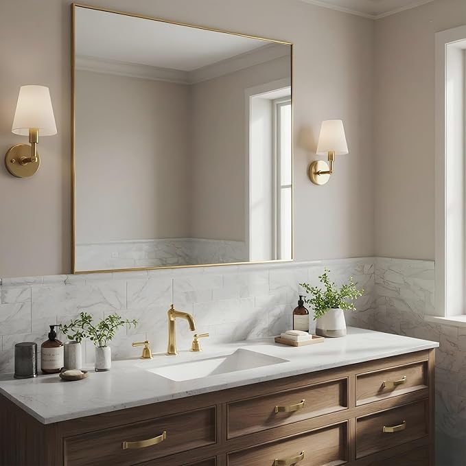 24x32 Inch Brass Bathroom Mirror for Wall, Aluminum Frame Rectangle Rectangular Vanity Mirror, Modern Large for Bedroom, Living Room, Horizontal or Vertical-StrideForce Fitness