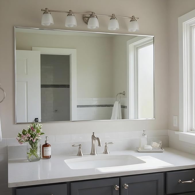 27x40 Inch Nickel Bathroom Mirror for Wall, Aluminum Frame Rectangle Rectangular Vanity Mirror, Modern Large for Bedroom, Living Room, Horizontal or Vertical-StrideForce Fitness