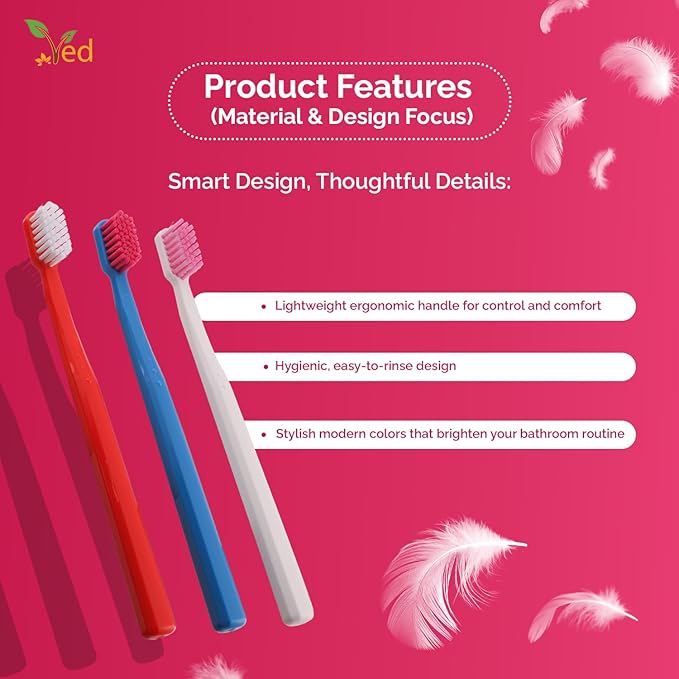 Ved ProCura Ultra Soft Toothbrush – Gentle Manual Toothbrush for Adults with 5,460 Super Soft Bristles for Sensitive Teeth and Gums, (Red+White+Dark Blue)