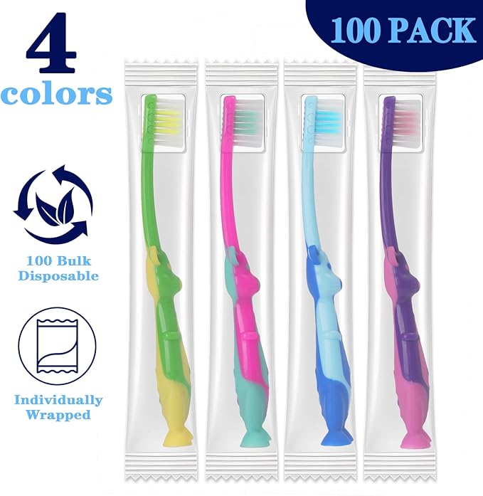 100 Pack Kids Toothbrush Bulk Soft Bristles Toddler Cute Toothbrush with Suction Cup, Includes Travel Covers, Individually Wrapped Toothbrushes for Kid Home School Daycare Camp (Kangaroo)