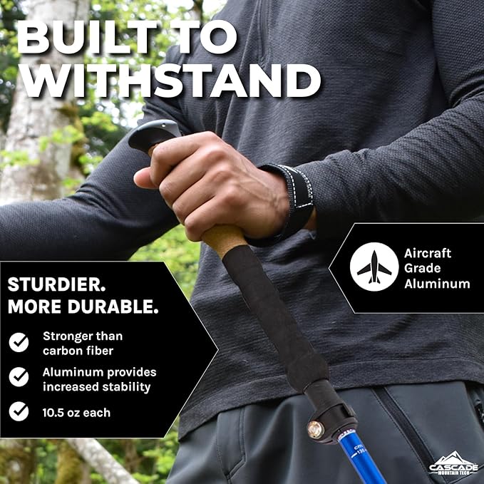 Cascade Mountain Tech Lightweight Aircraft-Grade Aluminum Trekking Poles with Extended Down Grip Plus Tip Kit-StrideForce Fitness