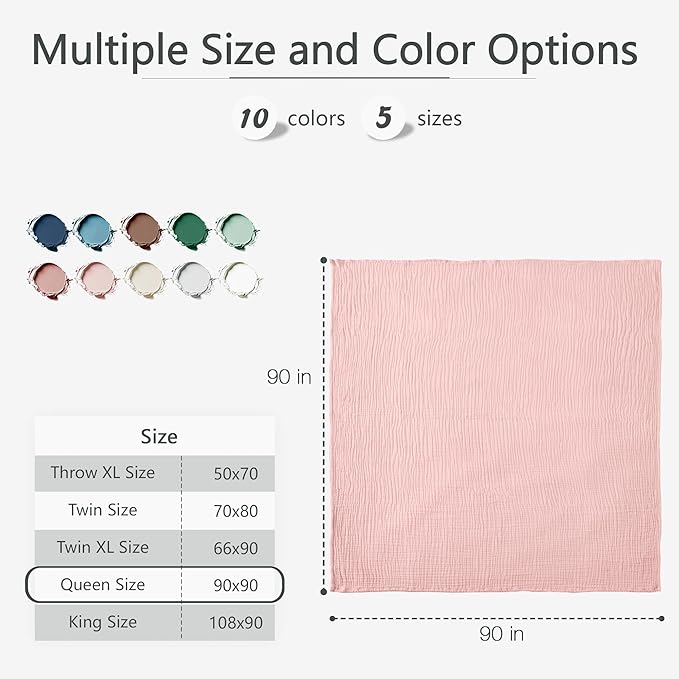 Carriediosa 100% Cotton Muslin Throw Blanket 90" X 90" Queen Size，4-Layers Summer Gauze Throws for Bed Couch，Soft Lightweight Breathable Linen Blankets Bedspread for Adults All Season，Dusty Pink-StrideForce Fitness