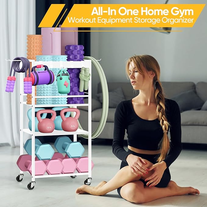 Home Gym Storage Rack, Heavy Duty Yoga Mat Holder Workout Equipment Storage Organizer Weight Rack with Hooks & Wheels for Dumbbells Kettlebells Dumbbell Yoga Block Foam Rollers Yoga Strap Resistance Bands, Fitness Exercise Equipment-StrideForce Fitness