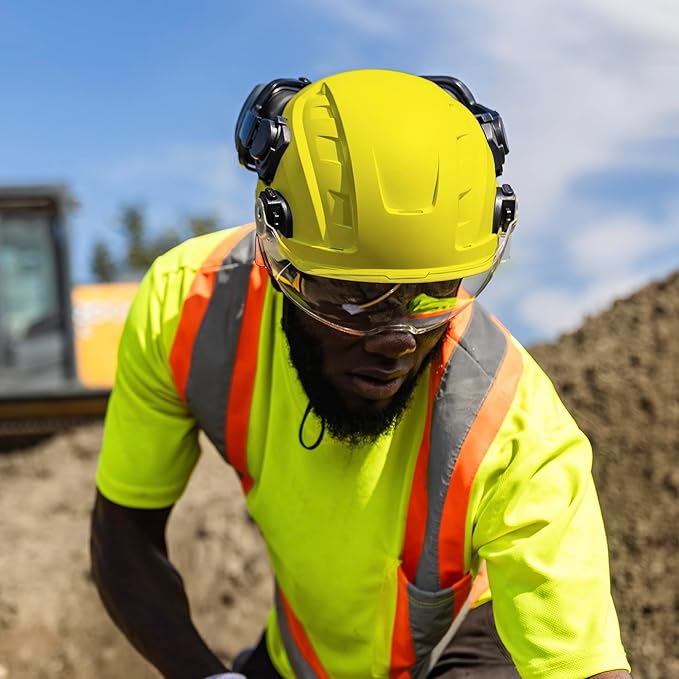 GE Safety Helmet, Impact Absorbing Tech, Adjustable Ratchet, ANSI Type 1, Memory Foam Padding, Hard Hats Protection, Lightweight, Durable, Chin Strap, Comfortable Fit OSHA Approved-StrideForce Fitness