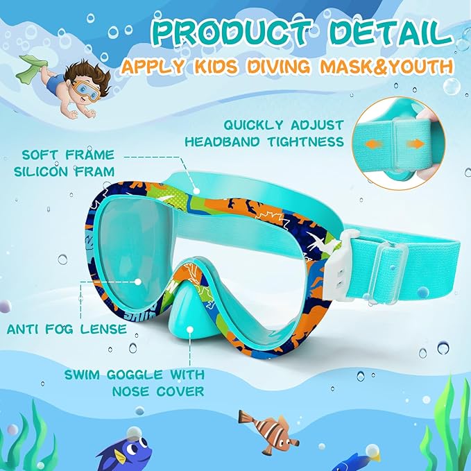 Kids Swim Goggles with Nose Cover, 180° Panoramic Snorkel Mask with Anti-Fog & Anti-Leak Design, Comfort Fabric Strap UV Protection Lens for Boys Girls Ages 3-15-StrideForce Fitness
