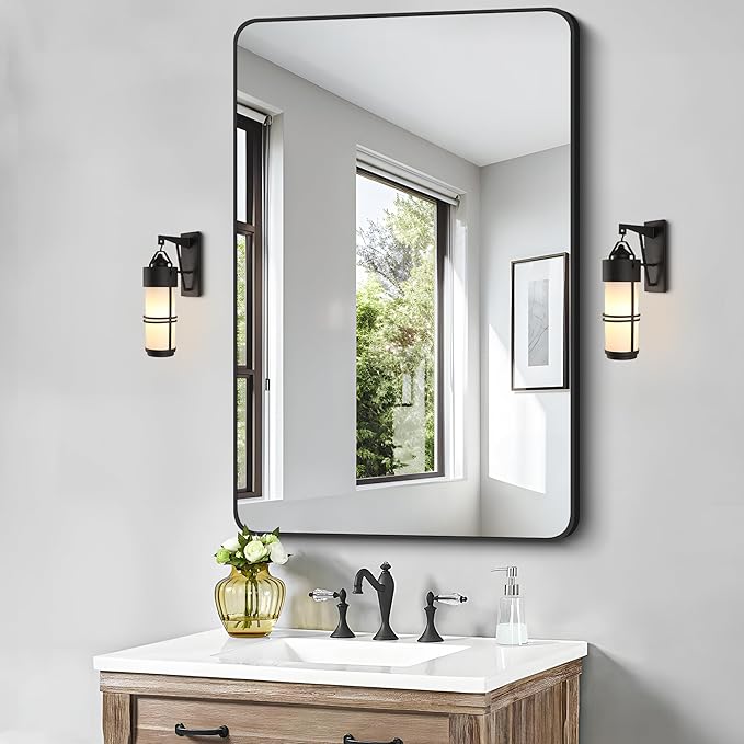 FORBATH Black Bathroom Mirror, Rectangular Vanity Mirror 30 x 48 Inch Wall Rounded Corner Metal Framed Bathroom Mirror for Living Room Bedroom Entryway Decor (Horizontal/Vertical)-StrideForce Fitness