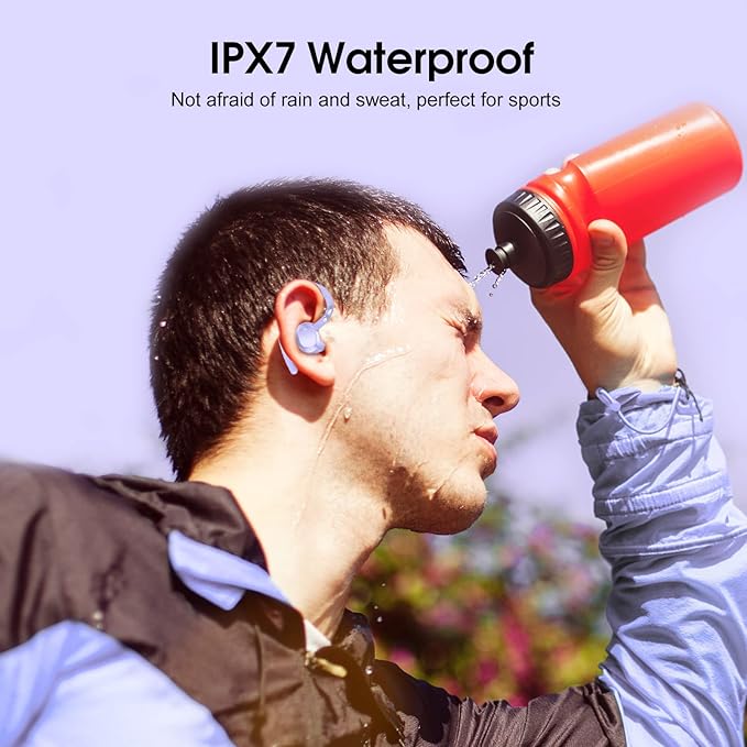 Wireless Earbuds, 2023 New Ultralight Sport Bluetooth 5.3 Headphones In Ear with LED Display, Built-in Mic Earphones, IPX7 Waterproof Wireless Headphones with Earhooks for Gym Workout (Purple)-StrideForce Fitness