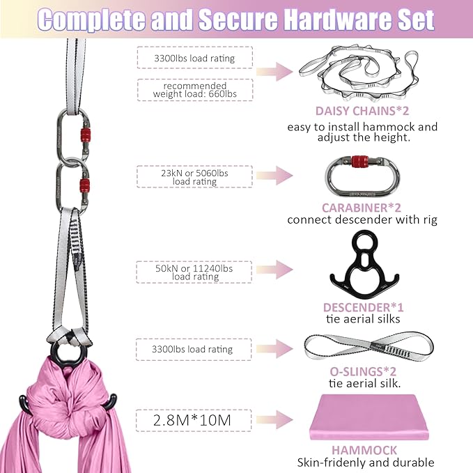 Aerial Silks Kit & Aerial Yoga Hammock - 11Yd Premium Fabric Hardware - Easy Setup for Flying Yoga, Aerial Swing & Fitness - Supports Up to 14ft Rigging-StrideForce Fitness