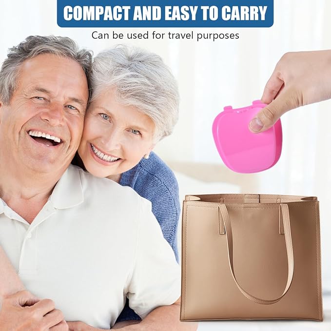 Pink Denture Bath Case Cup Box Holder Storage Container with Denture Cleaner Brush Strainer Basket for Travel Cleaning