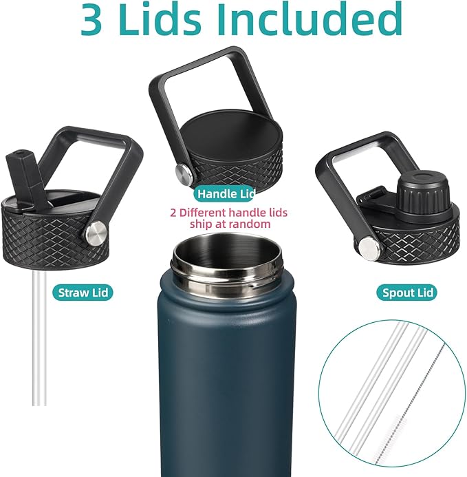 22oz Stainless Steel Bottles with 3 Lids Sport Insulated Water Bottle,Navy Blue-StrideForce Fitness