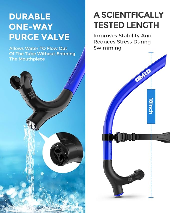 OMID SN1 Snorkel for Adult Youth, Diving Snorkel with One-Way Purge Valve, Food-Grade Silicone Mouthpiece-StrideForce Fitness