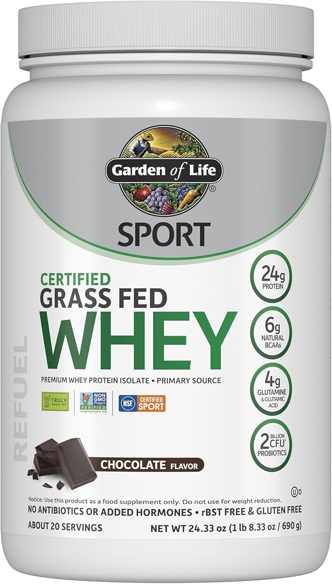 Garden of Life Sport Whey Protein Powder Chocolate, Premium Grass Fed Whey Protein Isolate Plus Probiotics for Immune System Health, 24g Protein, Non GMO, Gluten Free, Cold Processed - 20 Servings-StrideForce Fitness