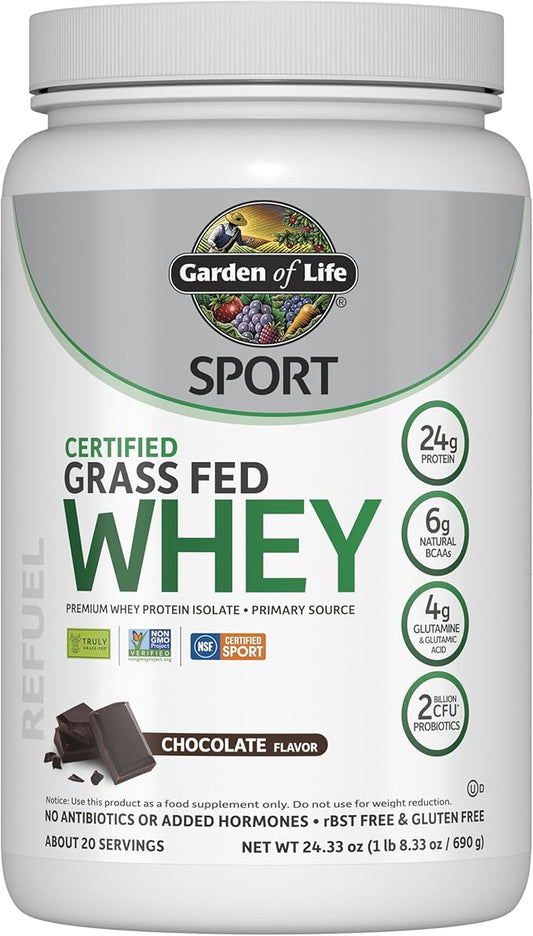 Garden of Life Sport Whey Protein Powder Chocolate, Premium Grass Fed Whey Protein Isolate Plus Probiotics for Immune System Health, 24g Protein, Non GMO, Gluten Free, Cold Processed - 20 Servings-StrideForce Fitness