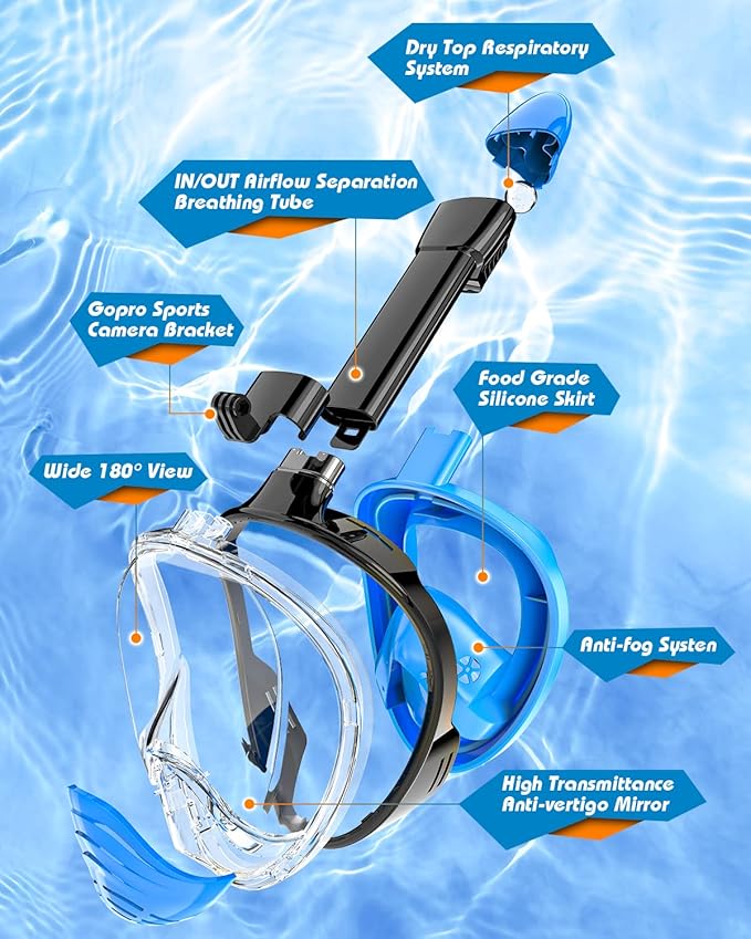 QingSong Full Face Snorkel Mask for Adults, Snorkeling Gear with Camera Mount, 180 Degree Panoramic View Snorkel Set Anti-Fog Anti-Leak-StrideForce Fitness