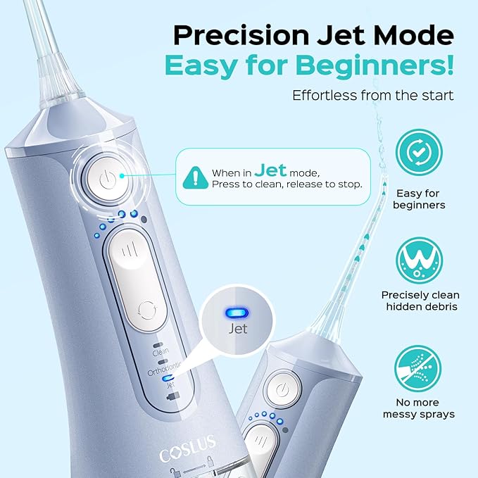 COSLUS Portable Water Flosser for Teeth: 3 Modes & 6 Pressure Settings with Jet Mode Water Dental Pick for Orthodontic, Braces, Sensitive Gums, Compact for Travel, 300ML for Multiple Users, Blue C51