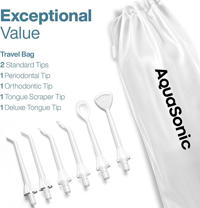 AquaSonic Aqua Flosser PRO - Rechargeable Cordless Water Flosser for Teeth, Gums & Tongue - Modern Design, 300ml Large Tank, 6 Jet Tips with Deluxe Tongue Nozzle, 3 Modes, Waterproof Optic White