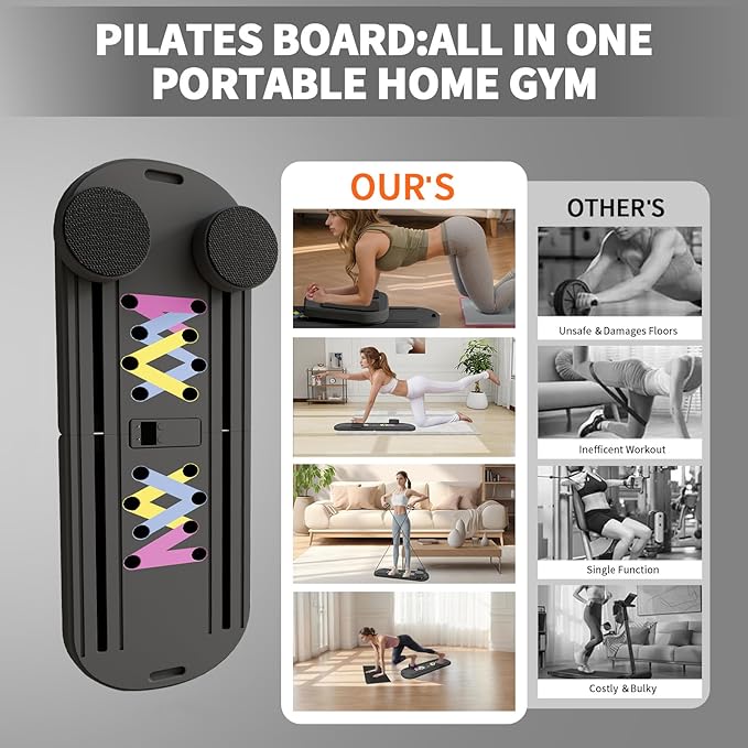 Pilates Reformer Board, 6 in 1 Portable & Foldable Pilates Reformer Set with Resistance Bands, Pilates Board for Home Workout, Multifunctional Abdominal Board-StrideForce Fitness