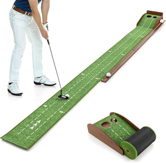 Tangkula 10 FT Golf Putting Green, 2/3-Hole Golf Putting Practice Mat with Auto Ball Return for Indoors & Outdoors, Alignment Guides & 3 Golf Balls, Mini Golf Game for Home and Office-StrideForce Fitness
