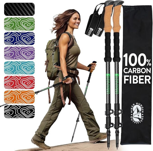 100% Carbon Fiber Trekking Poles by USA Brand - Ultra Strong Lightweight Collapsible Hiking Poles with Cork and EVA Foam Grips & Quick Adjustable Flip Locks-StrideForce Fitness