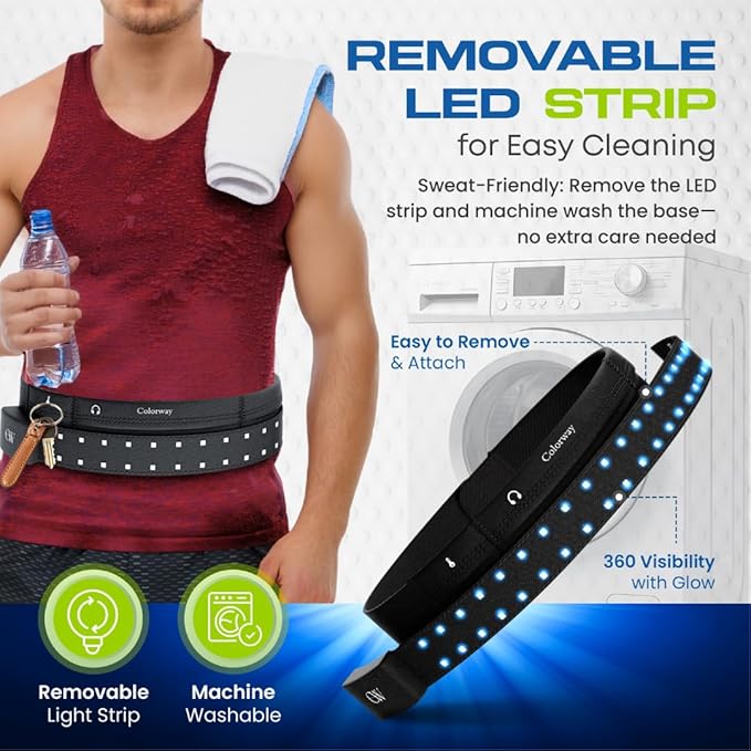 Colorway Led Running Belt – Day & Night Adjustable Waist Pack, Removable Light Strip, 3 Pouches for All Essentials, Reflective Running Gear for Men & Women (Rechargeable, Machine Washable)-StrideForce Fitness