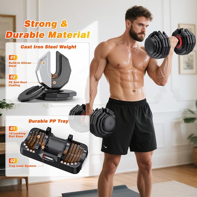 XDDIAS Adjustable Dumbbell Set of 2, 25/55/80LB Dumbbell Set-1Sec Adjustable Weights-5/10 in 1 Free Weights Dumbbells Set with Effortless Tray/No-Slip Handle-Compact Size for Women/Men at Home Gym-StrideForce Fitness