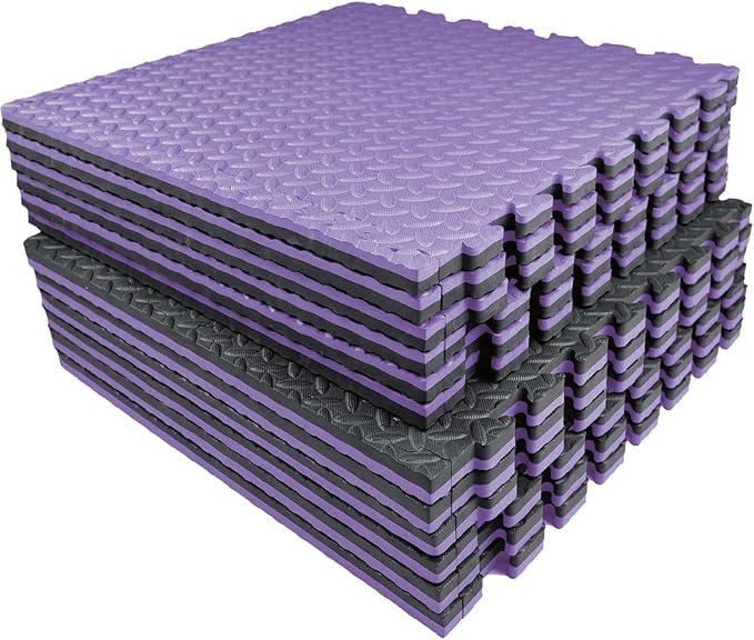 AIRHOP Upgraded 0.79" Extra Thick 48 Sq Ft High-Density Eva Foam Exercise Gym Mats, 12 Pcs Large Interlocking Puzzle Floor Tiles (24"x24") for Home Gym, Black&Purple-StrideForce Fitness
