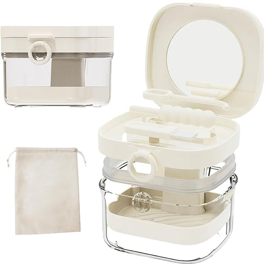 Denture Case Retainer Cleaning Case with Retainer Removal Tool and Brush, No-Leak Denture Bath Box Cup, Complete Clean Care for Clear Braces, Mouth Guard, Night Guard & Retainers (White)