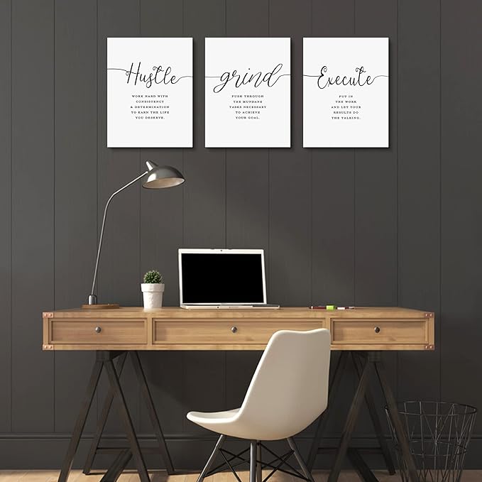 Framed Canvas Wall Art Grind Hustle Quote Poster, Office Wall Art, Positive Motivational Set of 3 Prints, Hustle prints Execute, Inspirational Wall Decor Art (H-3pcs,12x16inchx3pcs)-StrideForce Fitness